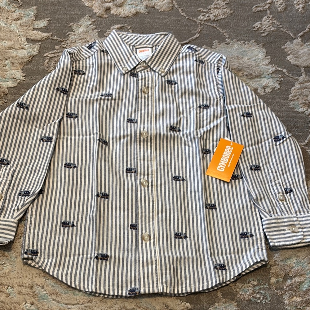 Gymboree Navy and White Striped Train Embroidered Dress Shirt🚂